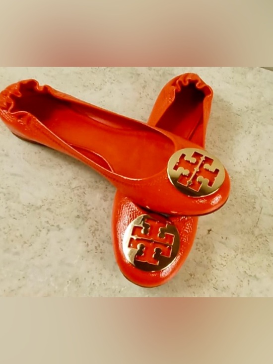 Tory Burch Shoes - Tory Burch Orange Patent Leather Ballet Flats with Gold Logo